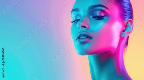 Glamorous portrait of a woman with metallic makeup, illuminated by a gradient of pink, blue, and purple lights, evoking a high-fashion aesthetic.