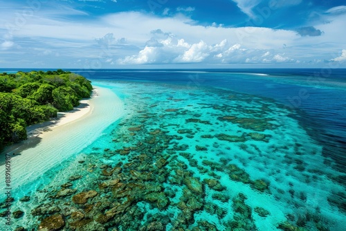 an aerial view of a tropical island with a white sand beach