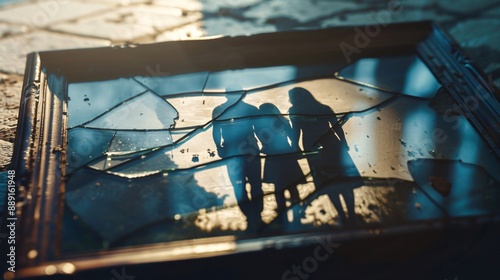 A broken picture frame of a happy family, with shadows of conflict and distress in the background