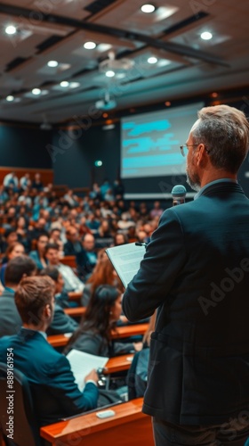 Wallpaper Mural Abstract Speaker Performing on Stage Under Spotlight, Engaging with a Large Audience of Event Professionals. Conference Gathering with Multiple Attendees, Promotional Campaign and Election, AI-Generat Torontodigital.ca