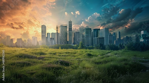 A cityscape with buildings encroaching on natural landscapes, showing the impact of urbanization on the environment