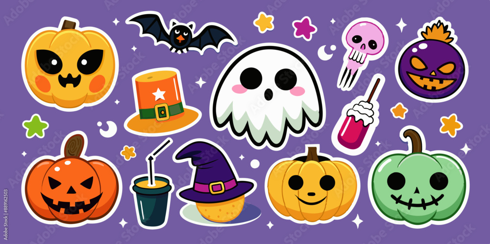 Halloween stickers with different facial expressions on purple background