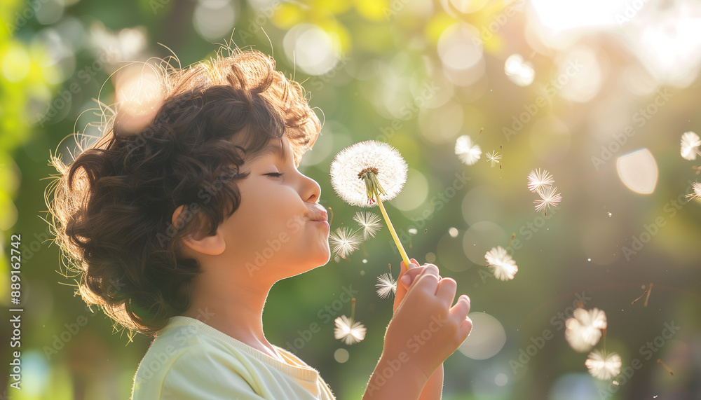 happy kid boy blowing dandelion at the park happy kid boy blowing dandelion at the park