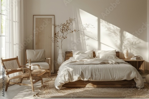 Bedroom with Simple Furniture and Neutral Colors: A minimalist bedroom mockup featuring clean furniture and neutral colors.