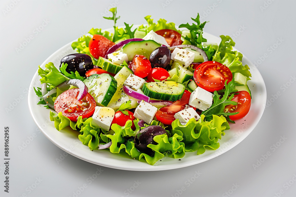 Greek salad on white plate on white background Greek salad on white plate on white background