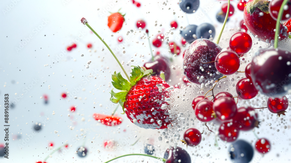 Close-up of strawberries, cherries, red currants and blueberries with powdered sugar. A berry explosion with berries and powdered sugar flying apart Close-up of strawberries, cherries, red currants and blueberries with powdered sugar. A berry explosion with berries and powdered sugar flying apart