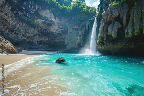 a waterfall with a rock in the middle of a body of water