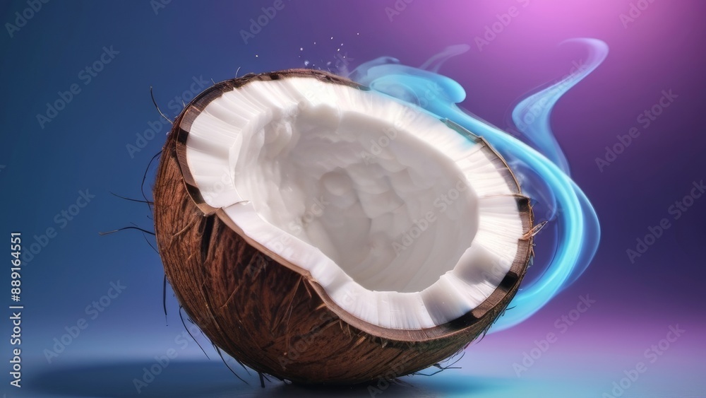 Coconut on purple background with blue smoke, creating a mystical and vibrant atmosphere. Coconut on purple background with blue smoke, creating a mystical and vibrant atmosphere.