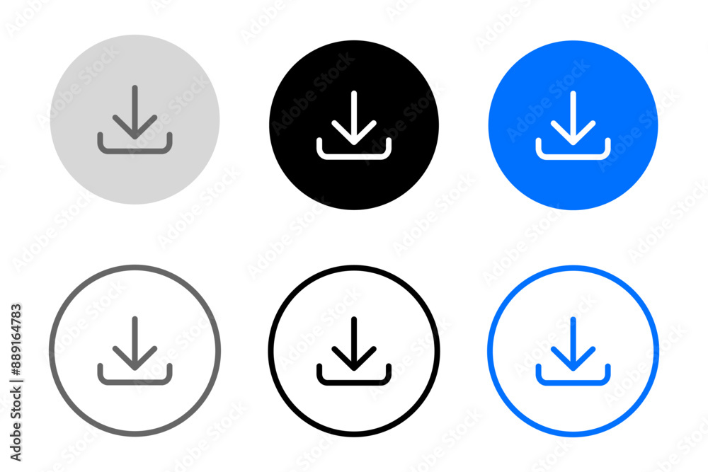 Download icon vector. Download blue button. Upload symbol. Load sign. Grey, blue and black button. Download icon vector. Download blue button. Upload symbol. Load sign. Grey, blue and black button.