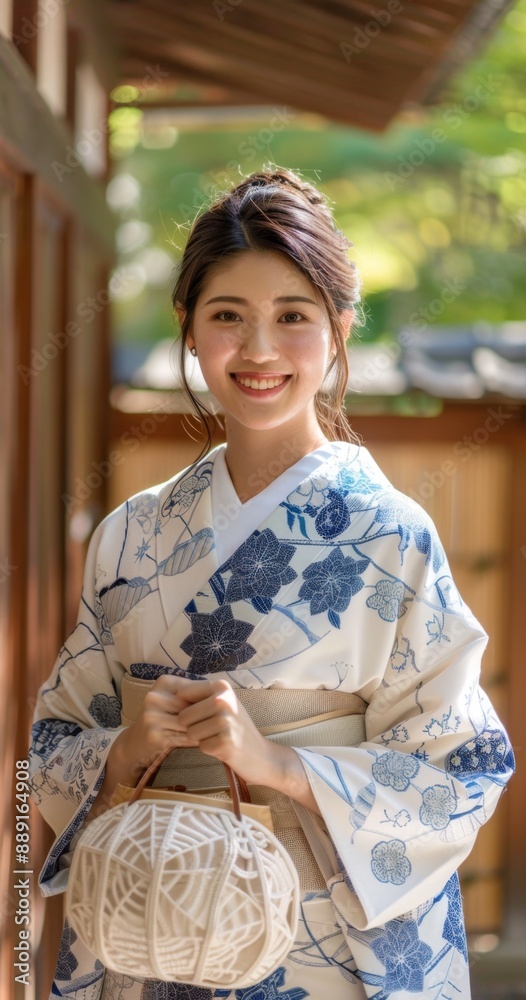 A beautiful Asian woman wearing a Japanese kimono outfit, smiling for the camera, photoshoot, scenic green nature A beautiful Asian woman wearing a Japanese kimono outfit, smiling for the camera, photoshoot, scenic green nature