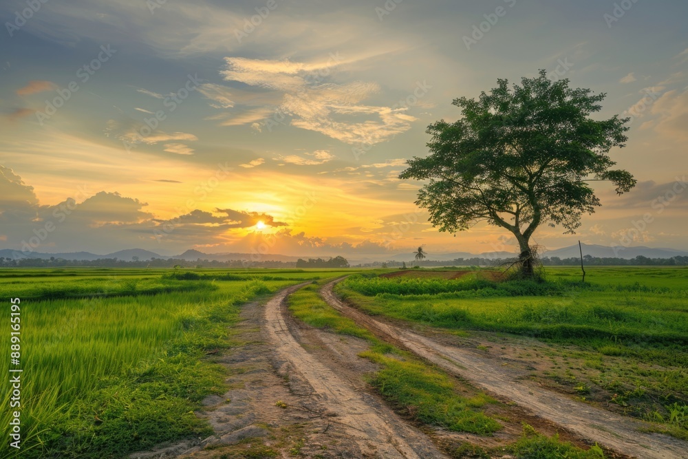 Fototapeta premium Land Scape. Dusty Road in Rural Landscape with Big Rain Tree Plant at Sunset