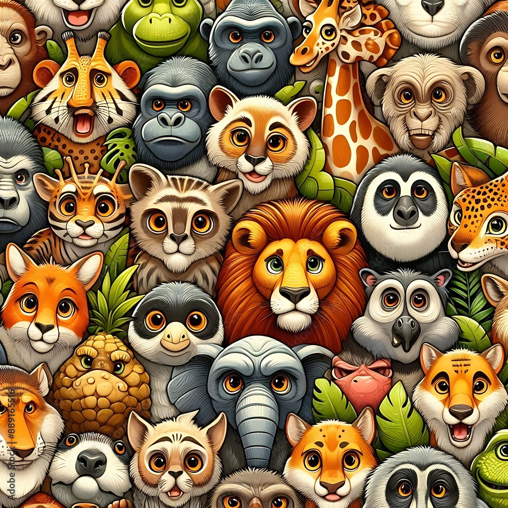 Fototapeta premium Various jungle animals cartoon with expressive faces arranged in a crowded pattern. Animal cartoon. 