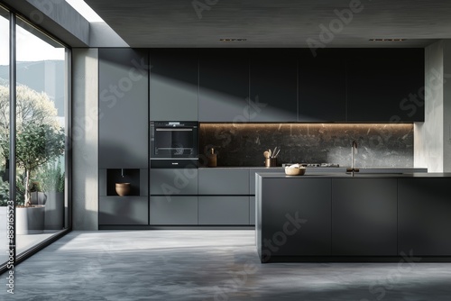 Kitchen with Integrated Design and Matte Finishes: A minimalist kitchen mockup with built-in appliances and matte-finished cabinets. photo