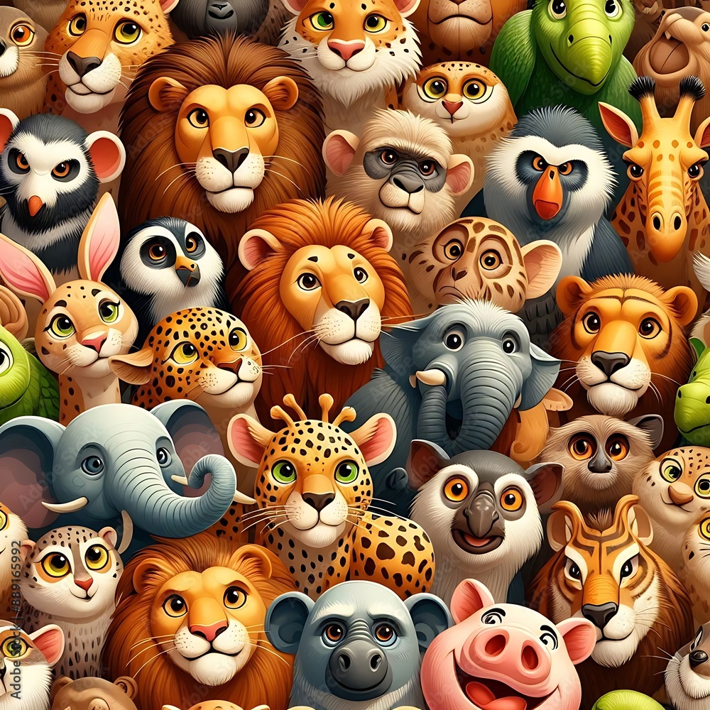 Various jungle animals cartoon with expressive faces arranged in a crowded pattern. Animal cartoon. Various jungle animals cartoon with expressive faces arranged in a crowded pattern. Animal cartoon.