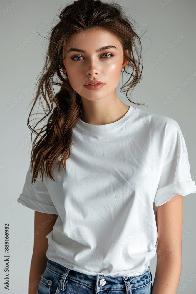 White tshirt mockup on woman model created with Generative AI White tshirt mockup on woman model created with Generative AI