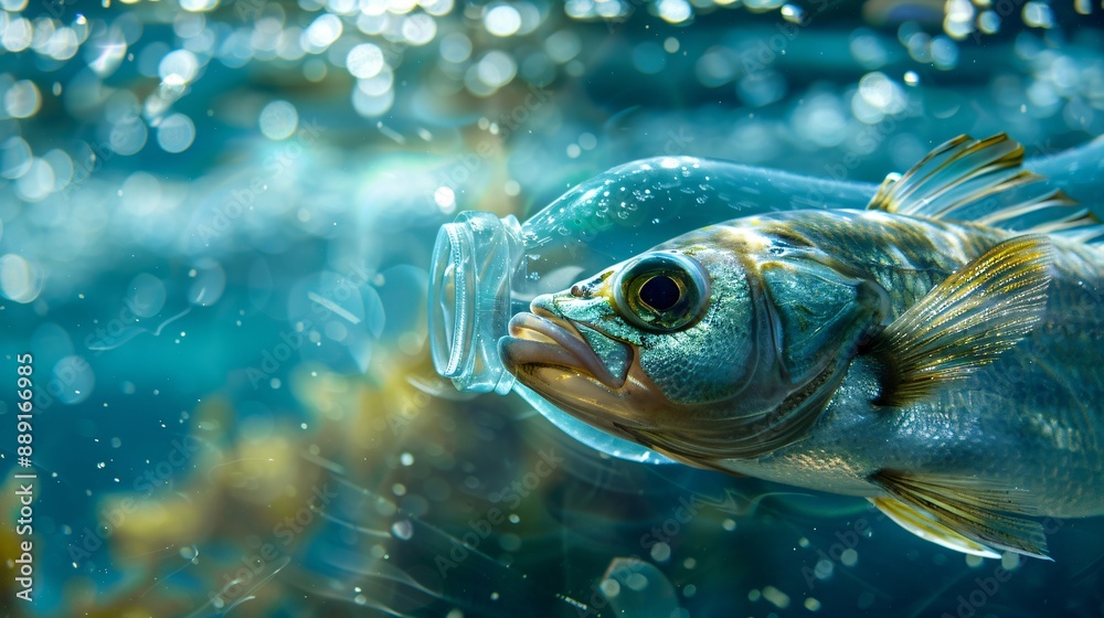 A fish swimming near a plastic bottle, symbolizing the impact of pollution on marine life A fish swimming near a plastic bottle, symbolizing the impact of pollution on marine life