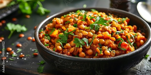 Lentil and Carrot Stew in a Black Bowl - Food Photography