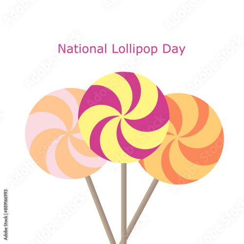 National Lollipop Day event banner. Three lollipops with different flavors and colors. July 20.