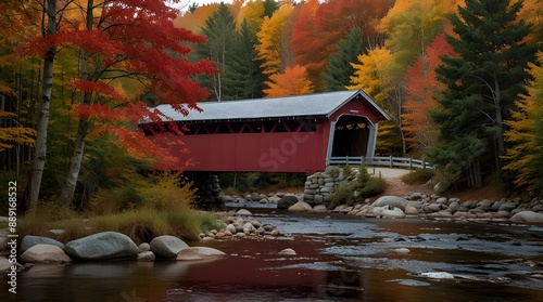 Beautiful little red covered bridge in Fanconia New Hampshire during Fall season.generative.ai
 photo