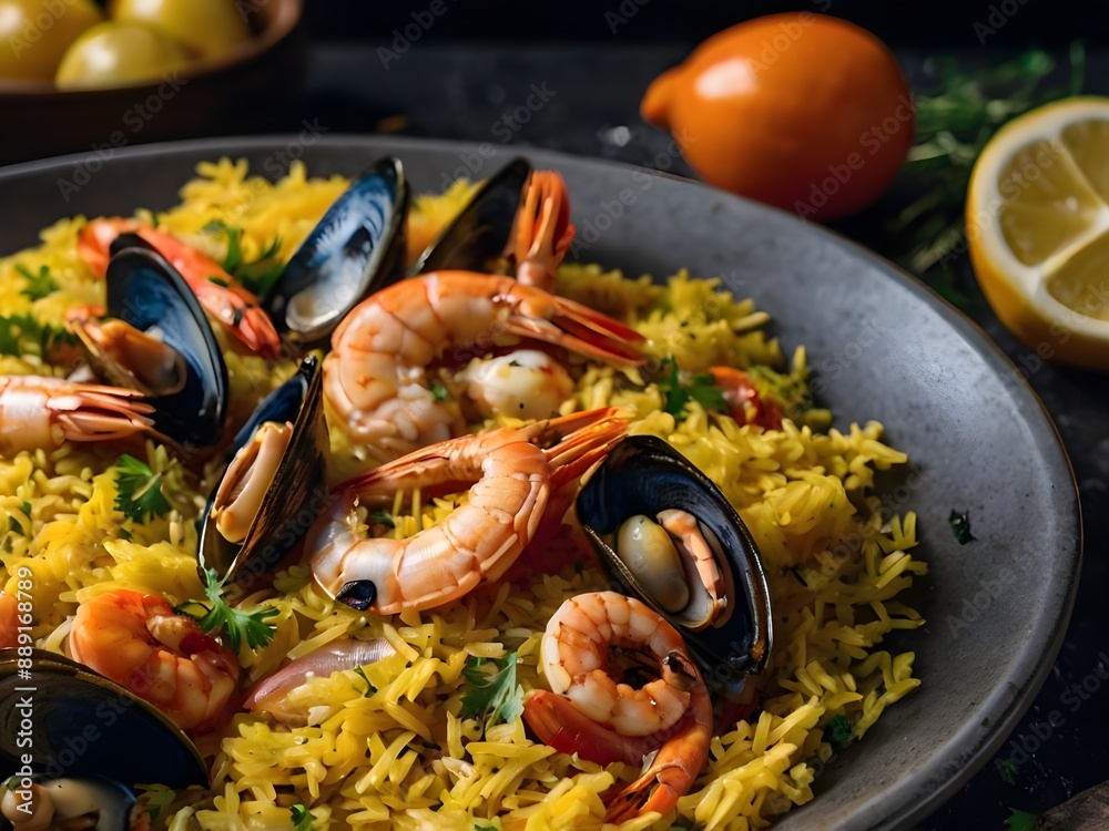Spanish paella with seafood and saffron rice.
Spanish paella with seafood and saffron rice.