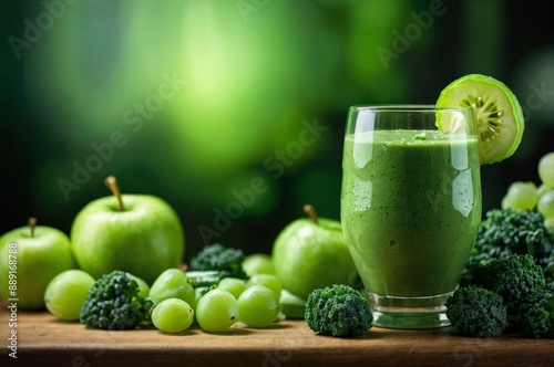 Glass of green smoothie with fresh ingredients fruits and vegetables