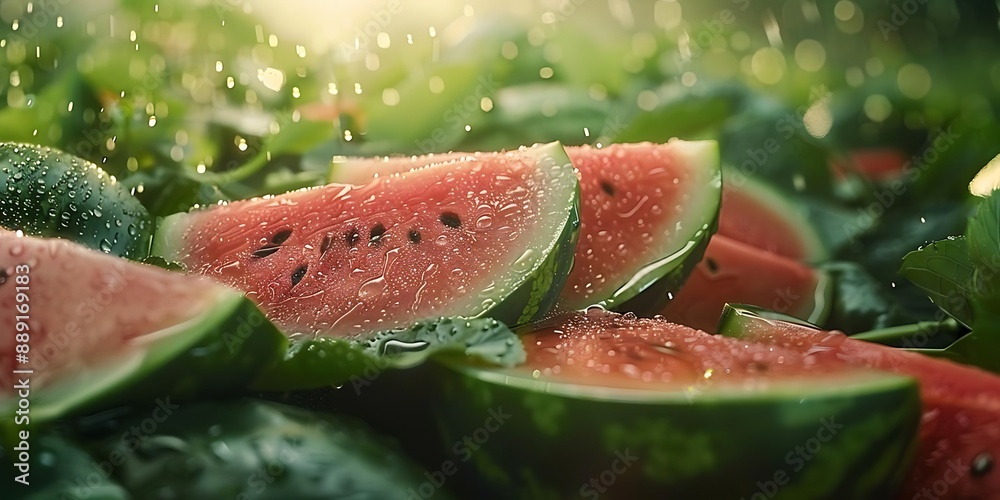 Watermelon Slices with Rain Drops on Green Leaves - Photo Watermelon Slices with Rain Drops on Green Leaves - Photo