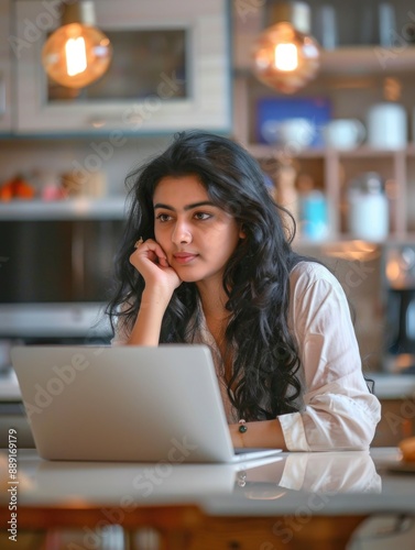 A woman sits in front of a laptop computer, focused on her work