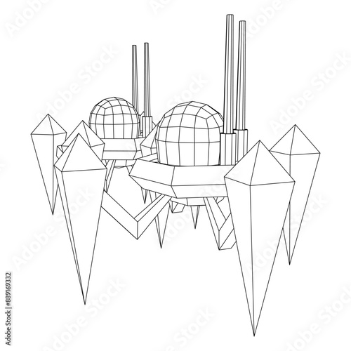 Spider robot with radar antenna. Nanobot, nanotechnology medical concept. Wireframe low poly mesh vector illustration