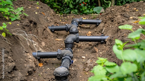 Black electrical cables are laid in a trench along a dirt road during construction