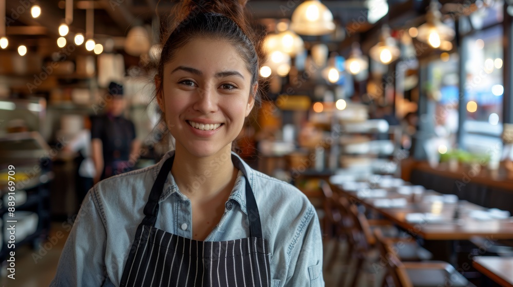 Photo of a smiling young chef posing at the restaurant where she works. Photo of a smiling young chef posing at the restaurant where she works.