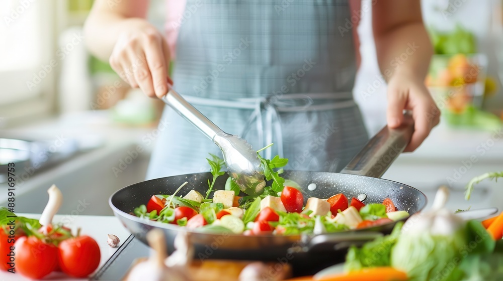 A person cooking a healthy meal in a bright kitchen A person cooking a healthy meal in a bright kitchen
