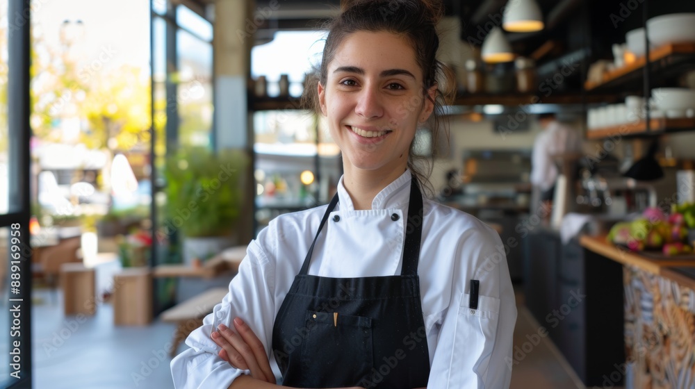 Fototapeta premium Photo of a smiling young chef posing at the restaurant where she works.