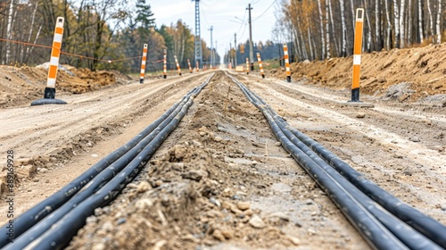 Black electrical cables are laid in a trench along a dirt road during construction