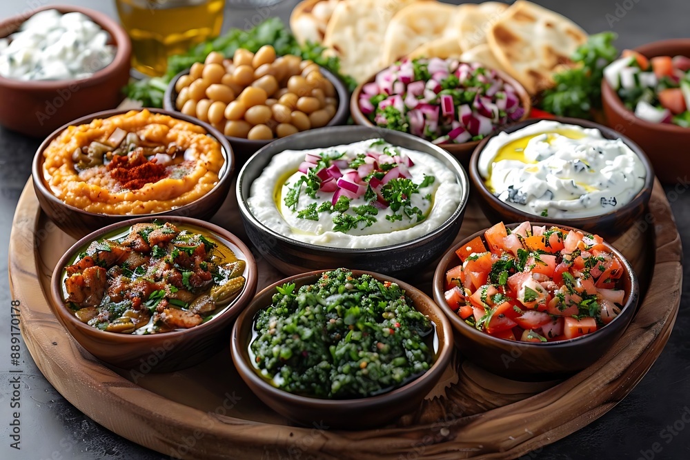 Delicious Middle Eastern Mezze Appetizers on a Wooden Platter - A Feast for the Senses Delicious Middle Eastern Mezze Appetizers on a Wooden Platter - A Feast for the Senses