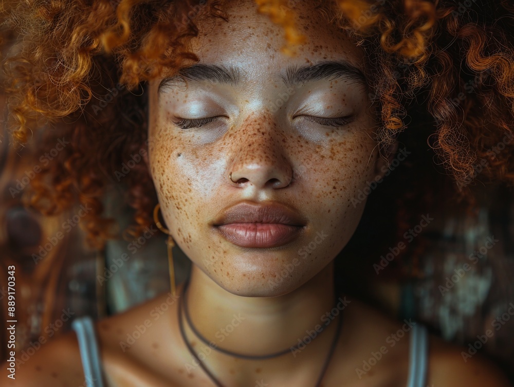 close-up of a person's face, their eyes closed and their breathing slow and steady. close-up of a person's face, their eyes closed and their breathing slow and steady.