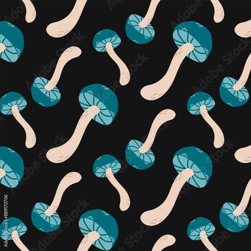 Seamless autumn pattern with abstract mushrooms on a black background. Autumn background, vector illustration.