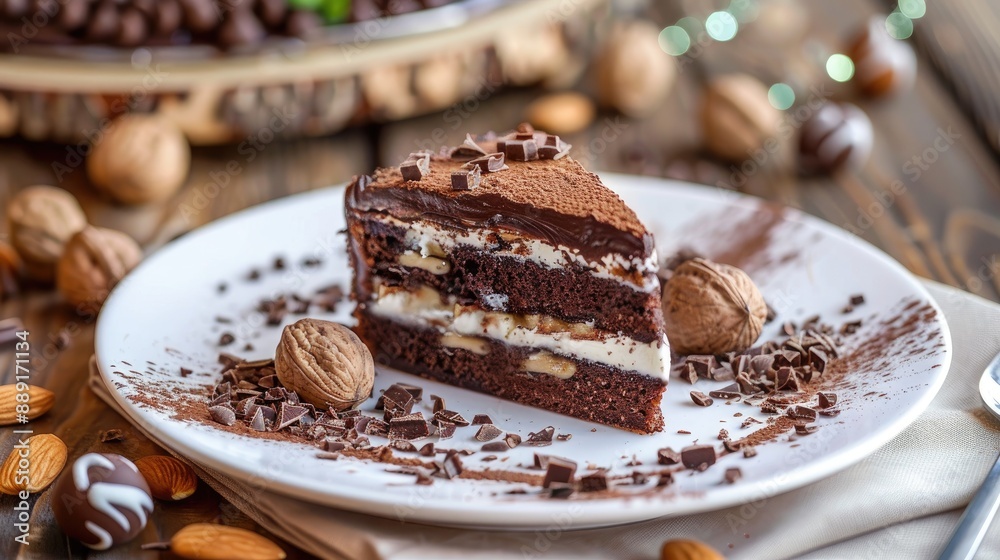 Chocolate with nuts and cake with white cream on a white plate Chocolate with nuts and cake with white cream on a white plate