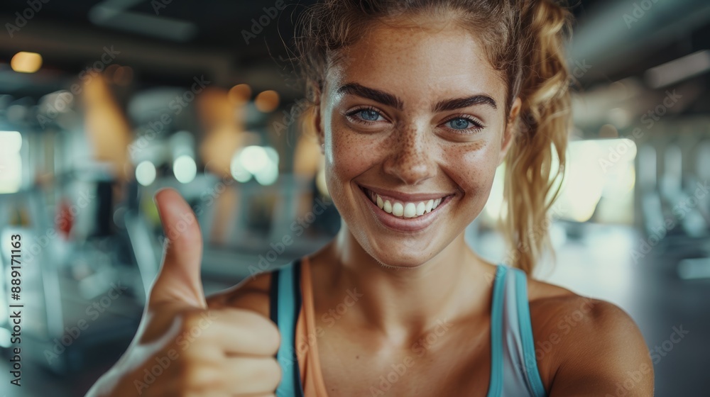 Woman smiling, exercising and giving thumbs up to health Exercise and training To live an active, healthy, and healthy life with a gym. personal trainer