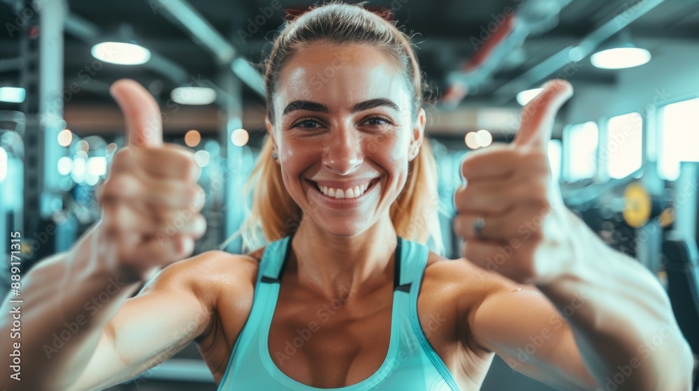 Woman smiling, exercising and giving thumbs up to health Exercise and training To live an active, healthy, and healthy life with a gym. personal trainer Woman smiling, exercising and giving thumbs up to health Exercise and training To live an active, healthy, and healthy life with a gym. personal trainer