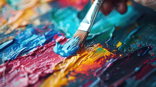 An artist's hand is captured in action while applying vibrant paint strokes to a canvas using a brush, highlighting the creative process and the vivid colors in the artwork. photo