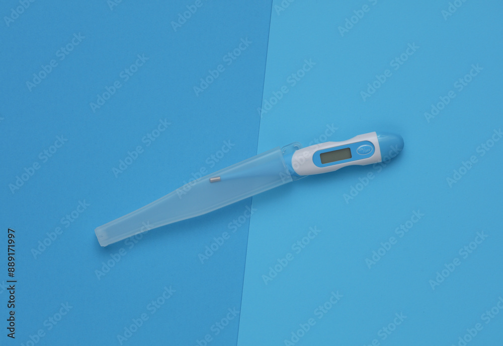 Electronic thermometer with case on blue background Electronic thermometer with case on blue background