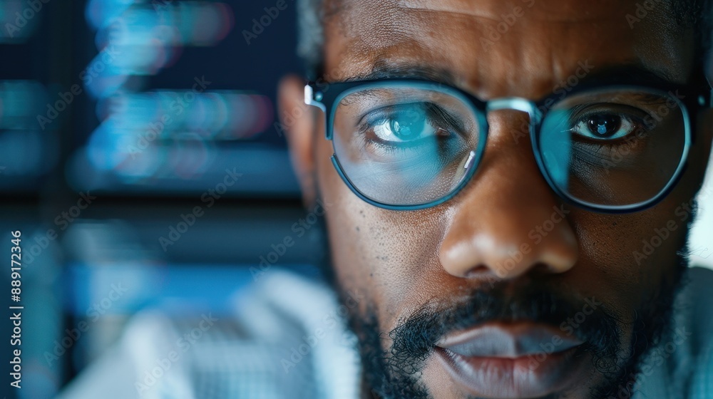 A focused programmer intensely working on a computer with multiple screens displaying code, representing a high-tech environment and modern technology. A focused programmer intensely working on a computer with multiple screens displaying code, representing a high-tech environment and modern technology.