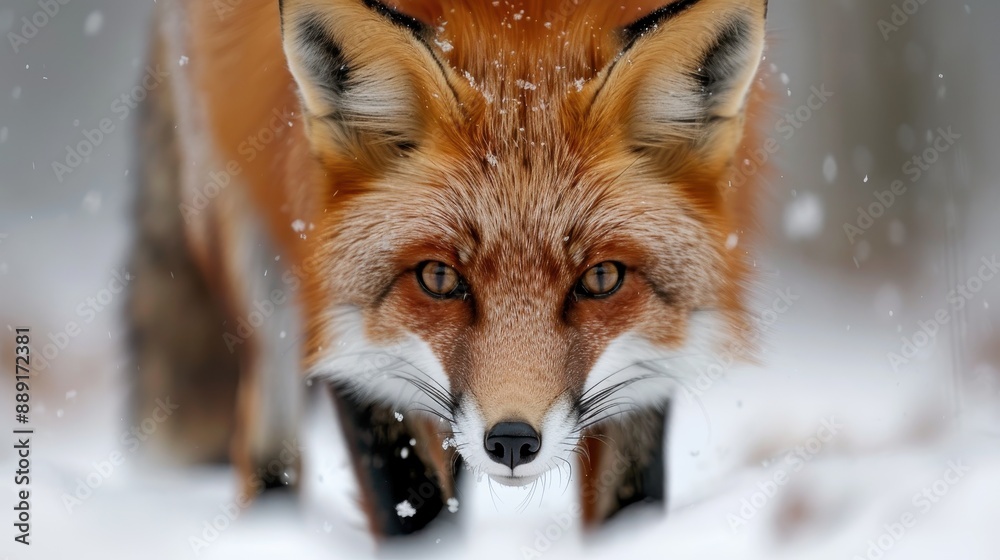 Obraz premium A close-up of a red fox walking through the snow, showcasing its vibrant fur and piercing eyes, evoking the spirit of wilderness and natural beauty in winter.
