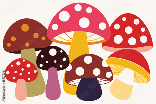 A red amanita toadstool cartoon vector seamlessly patterned with other poisonous mushrooms in a colorful autumn forest illustration