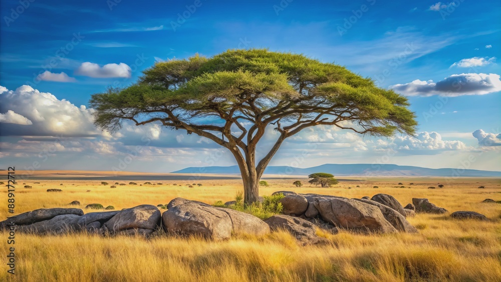 Majestic acacia tree stands tall amidst rustic African savanna landscape with sparse grass and scattered rocky outcrops under clear sky. Majestic acacia tree stands tall amidst rustic African savanna landscape with sparse grass and scattered rocky outcrops under clear sky.