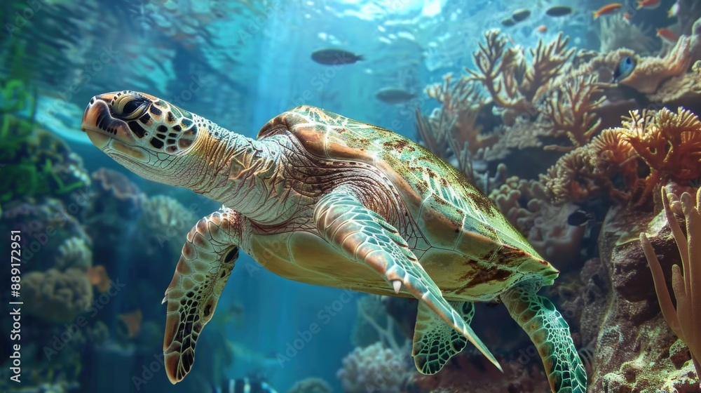 Obraz premium Majestic Green Sea Turtle in Cyprus Mediterranean Sea - Underwater Animal in Coral Reef Habitat