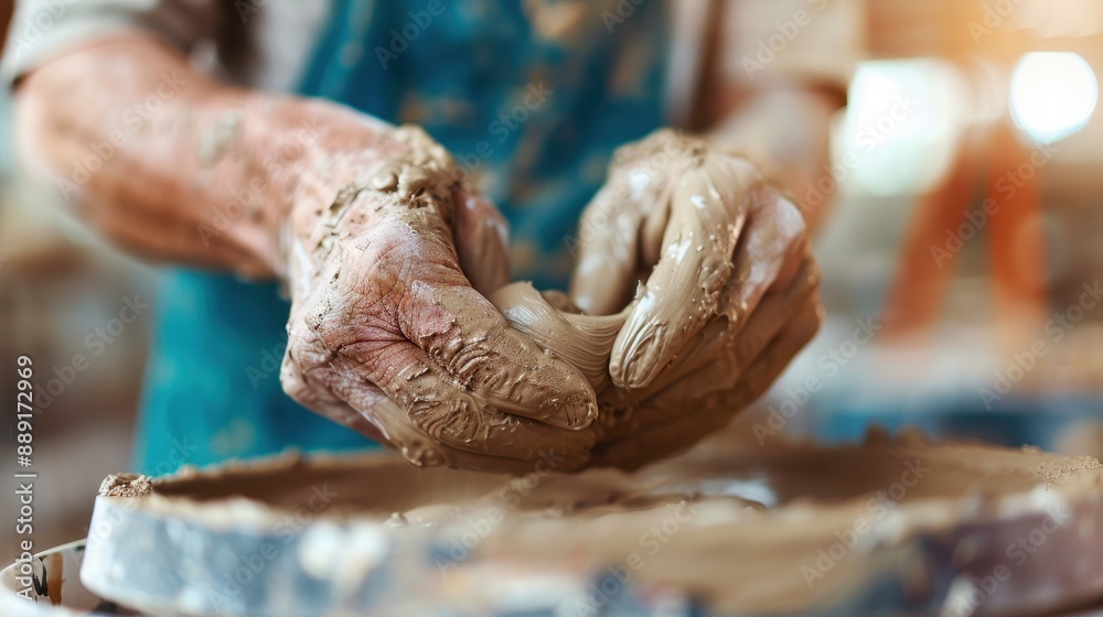 This image depicts the sculpting process, with an artisan's hands ...