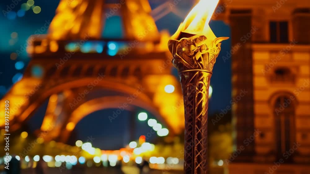 Olympic torch with Eiffel Tower illuminated in the background