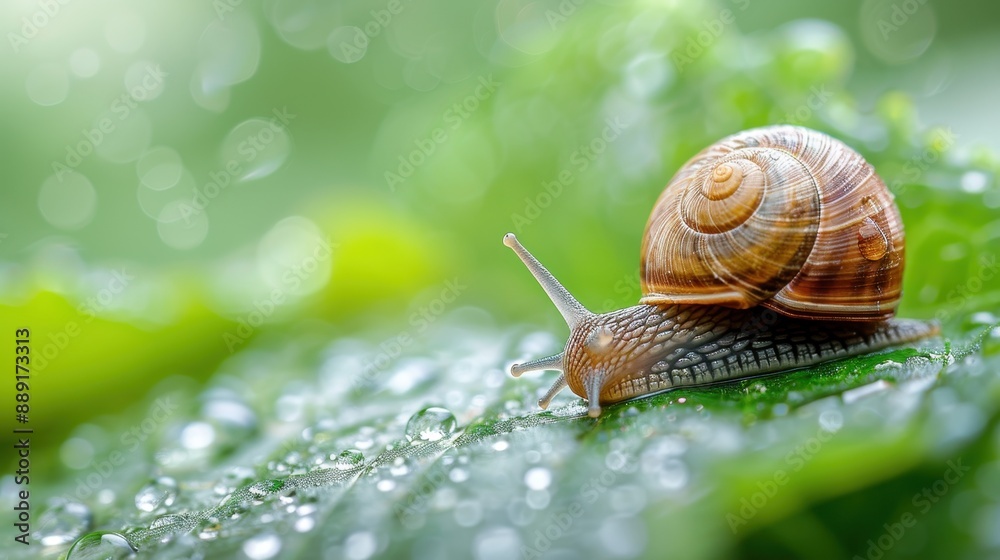 A close-up view of a snail with a spiral shell slowly crawling on a rain-kissed leaf, with a blurred green background creating a fresh and serene atmosphere. A close-up view of a snail with a spiral shell slowly crawling on a rain-kissed leaf, with a blurred green background creating a fresh and serene atmosphere.