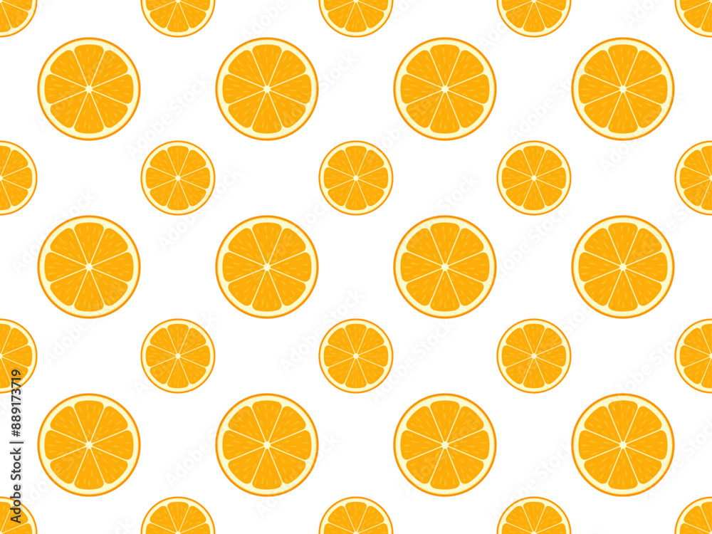 Seamless pattern with Fresh orange slices. Hand drawn trendy flat style for fabric, print on t-shirt, wallpaper. Slices of orange doodle style cheerful background. Vector illustration Seamless pattern with Fresh orange slices. Hand drawn trendy flat style for fabric, print on t-shirt, wallpaper. Slices of orange doodle style cheerful background. Vector illustration